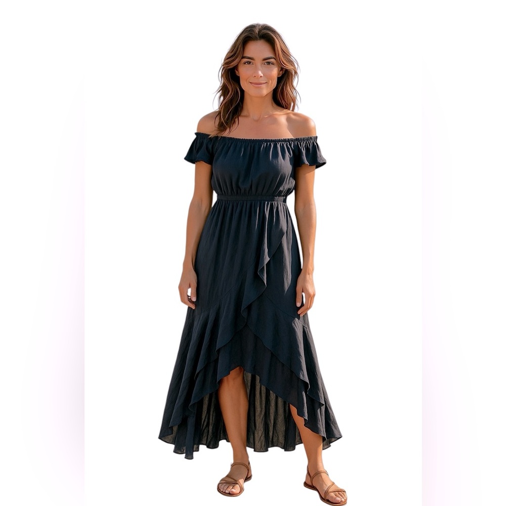 EXPRESS black semi sheer high low ruffled on or off shoulder dress size Large
